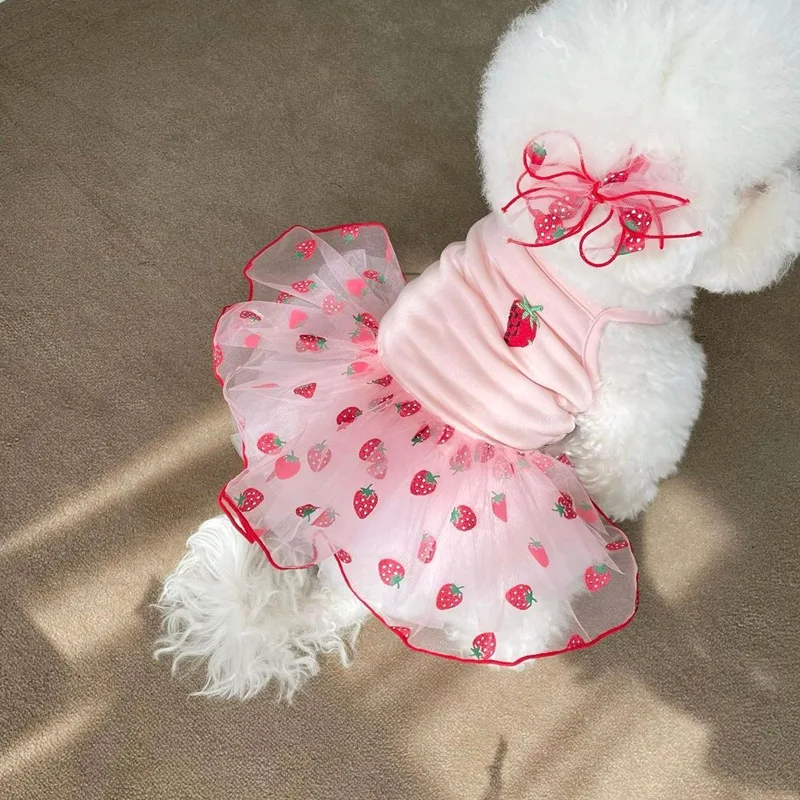 Summer Strawberry Dog Dress - Cute Mesh Suspender Skirt for Pets