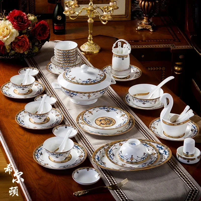 Jingdezhen Bone Porcelain Tableware Set, Elegant Dinnerware, Complete Stylish Kitchen Set, High-End Dining Dishware Set
