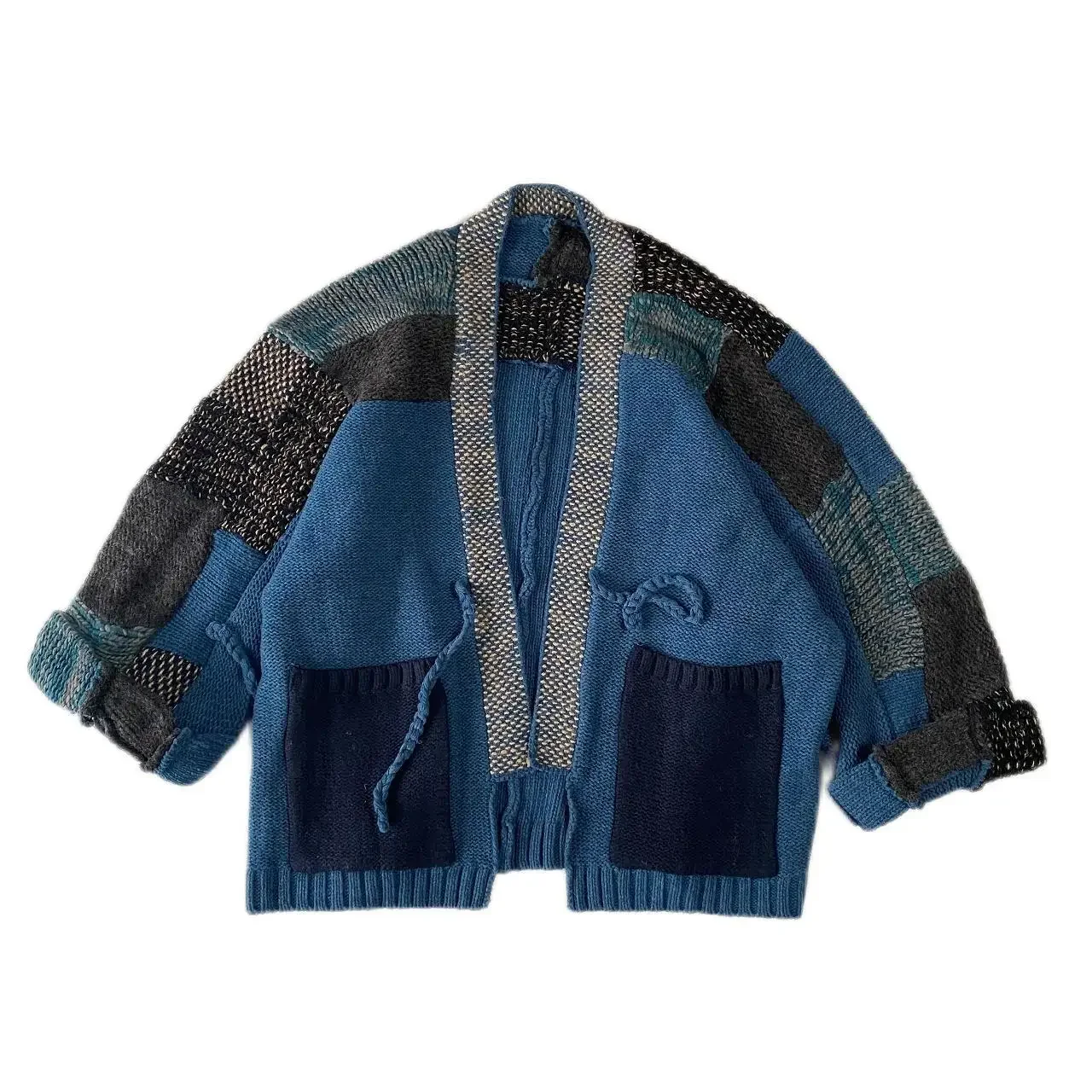 Annual Jia Brand Non Kapital Vintage Splice Knitwear Ancient Loose Sweater Plaid Wool Cardigan Taoist Robe Thickened Japan Style