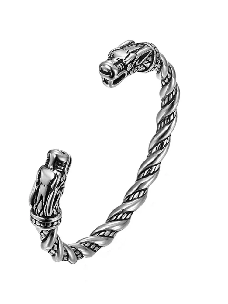 Norse Viking Wolf Head Bracelet Stainless Steel Opening Adjustable Wristband Cuff Snake Bangle for Men Fashion Jewelry stainless steel bracelet metal bracelet