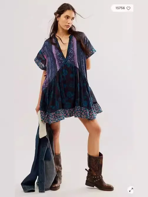 Color Vintage Print Mini Dresses Women Spring Summer New V-neck Short Sleeves Folds Loose Irregular Short Dress Fashion Vestidos