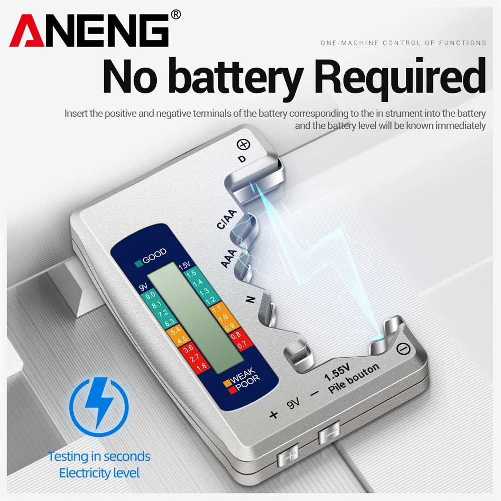 Battery Tester ANENG LCD Display C AA AAA D N 9V 1.55V Universal Button Cell Volt Capacity Check Detector Capacitance Tools