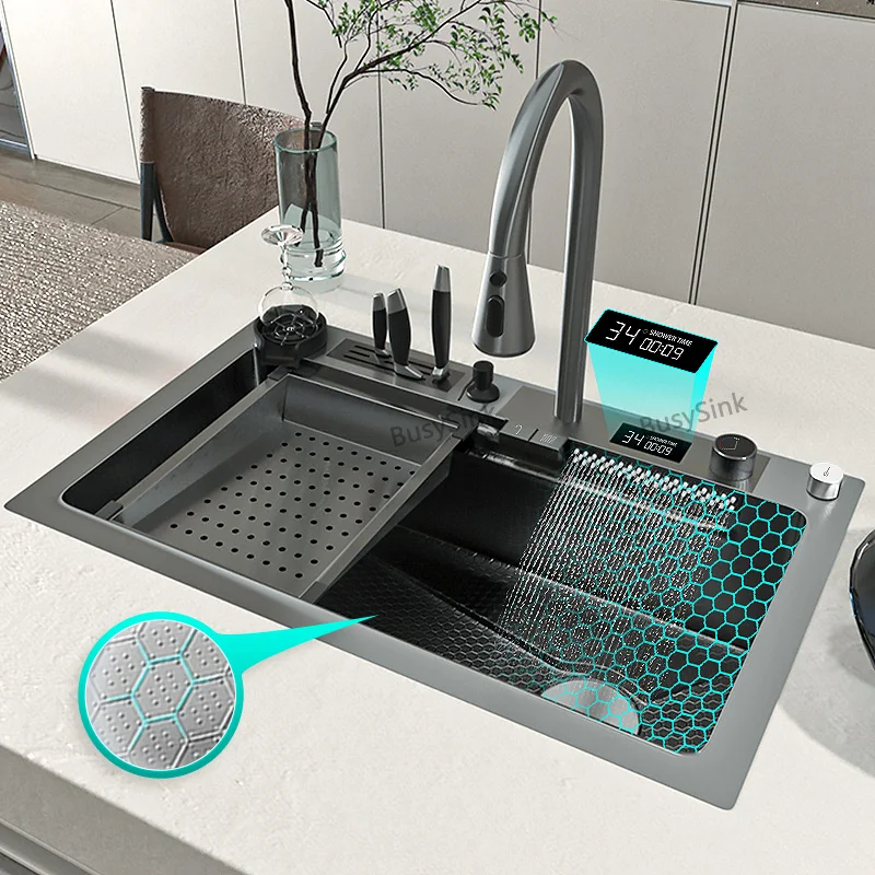 Stainless Steel  Waterfall Kitchen Sink Large Single Slot Digital Display Faucet Set Cup Washer Vegetable And Dishwashing Sinks 6