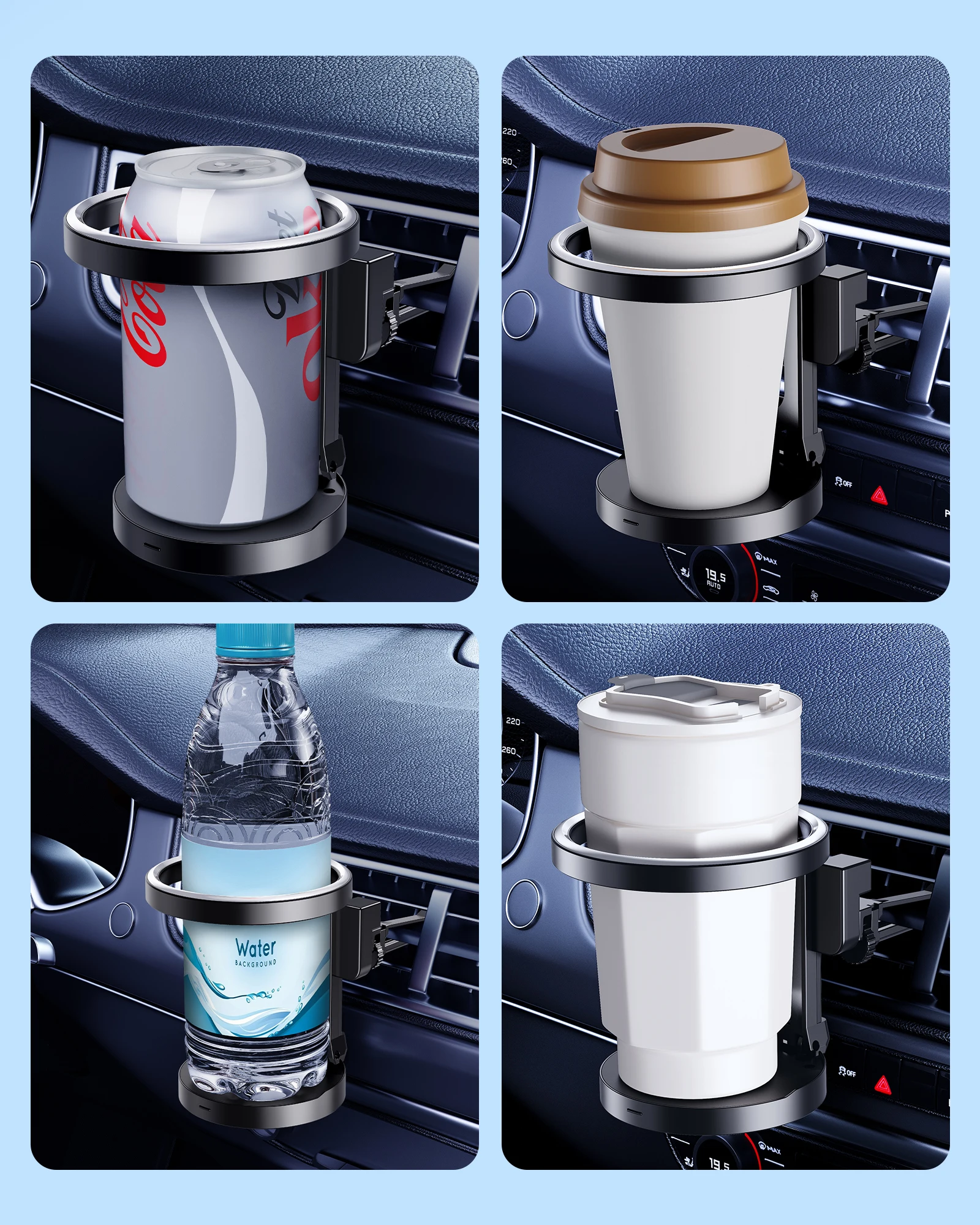 이어리 유니버설 자동차 에어벤트 컵홀더 탈부착 가능 후크 접이식 수납 공간 3.15인치 이내 컵용 차량 내부 음료 거치대