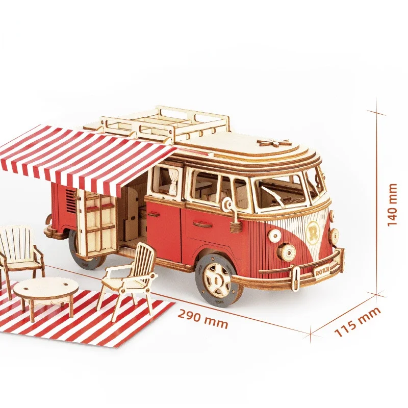 DIY Manual Assembly Model Car Wooden Retro Bus 3D Puzzle Camper Van Children Boy Girl Gift Educational Toys Home Decoration 6