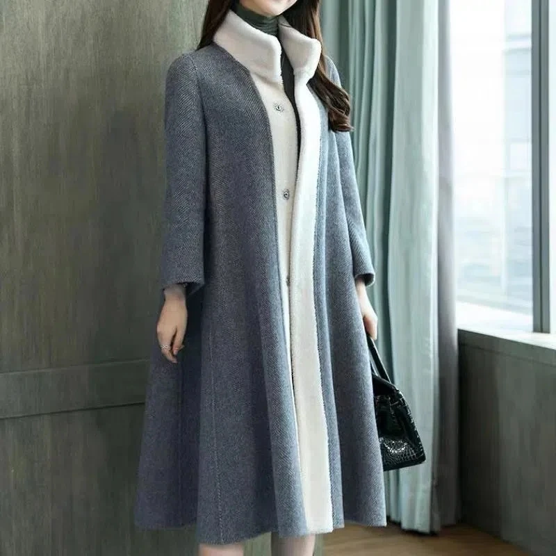 

Wool Coat Women 2022 Autumn Winter New Temperament Fashion Slim Woolen Jacket Women Long Stitching Single Breasted Outerwear