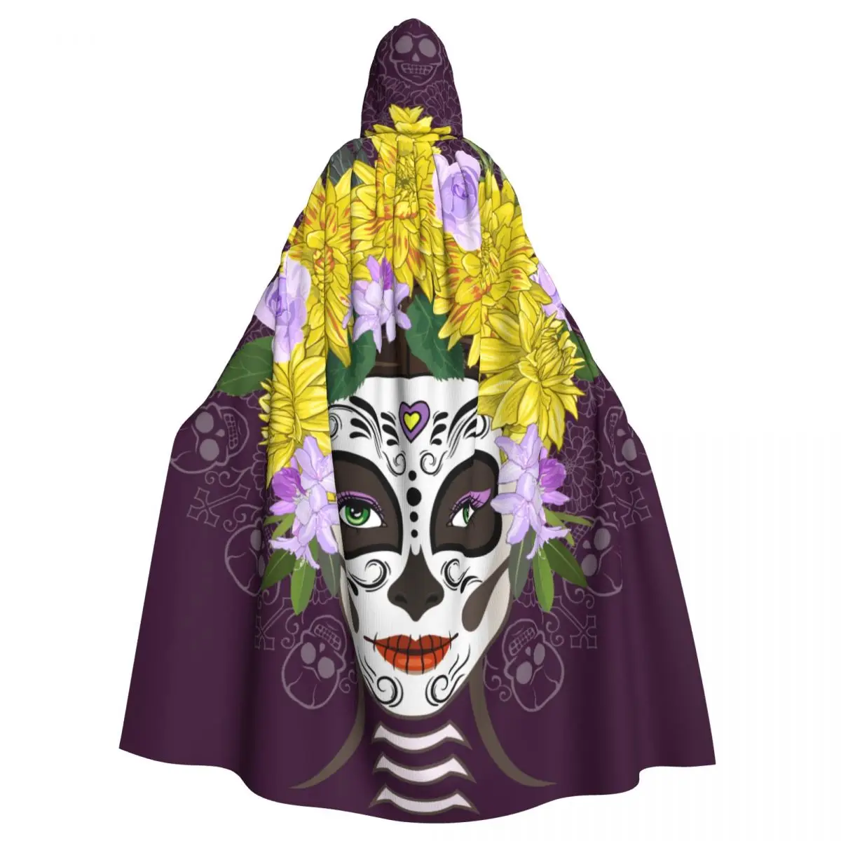 

Santa Muerte With Peonies Calavera Catrina Day Of The Dead Hooded Cloak Polyester Unisex Witch Cape Costume Accessory