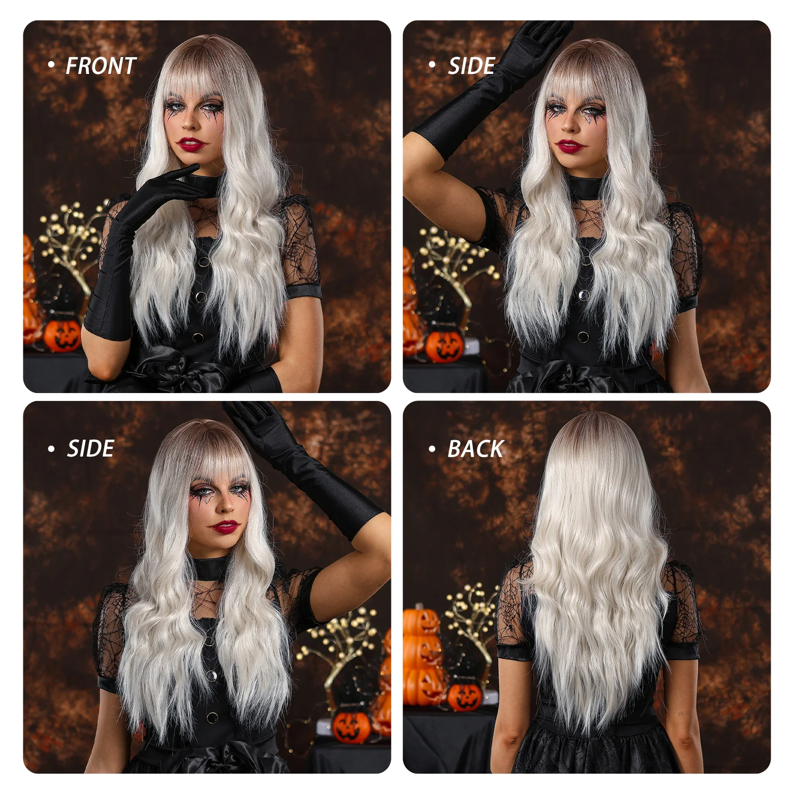 LOUIS FERRE Long Platinum Wave Synthetic Wig for White Women Ombre Light Blonde Wigs With Bangs Daily Cosplay High Temperature