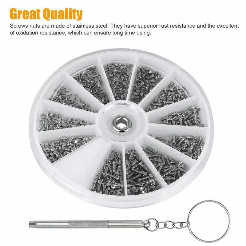 12 Kinds of Small Screws Nuts Assortment Kit M1 M1.2 M1.4 M1.6 Screw for Watches Glassess Frame Repair Tools with Screwdriver