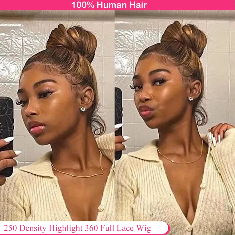 360 Full Lace Wig 250 Density Highlight Human Hair Bone Straight HD Preplucked
