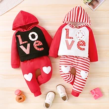 Valentine Day chándal de algodón Unisex para niños, Sudadera de manga larga con capucha estampada, pantalones informales a rayas, conjunto informal de 1 a 4 años, 2 piezas