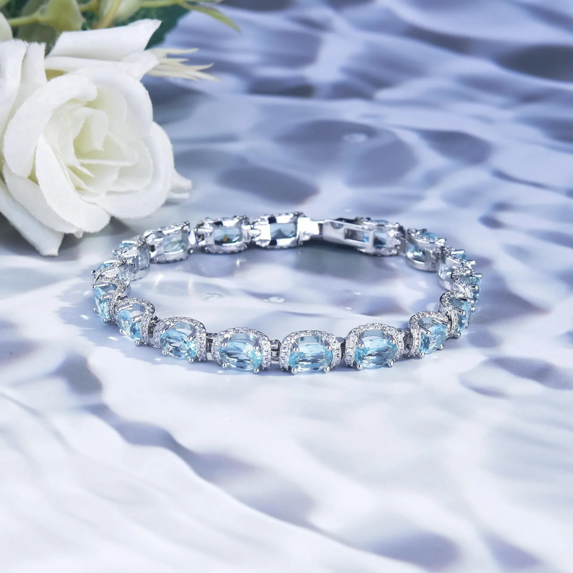 Fashion Jewelry Set for Women Round Aquamarine Bracelet Ring Sets Zircon Bridal Decoration Accessory Banquet Luxury Chain Gifts - 4