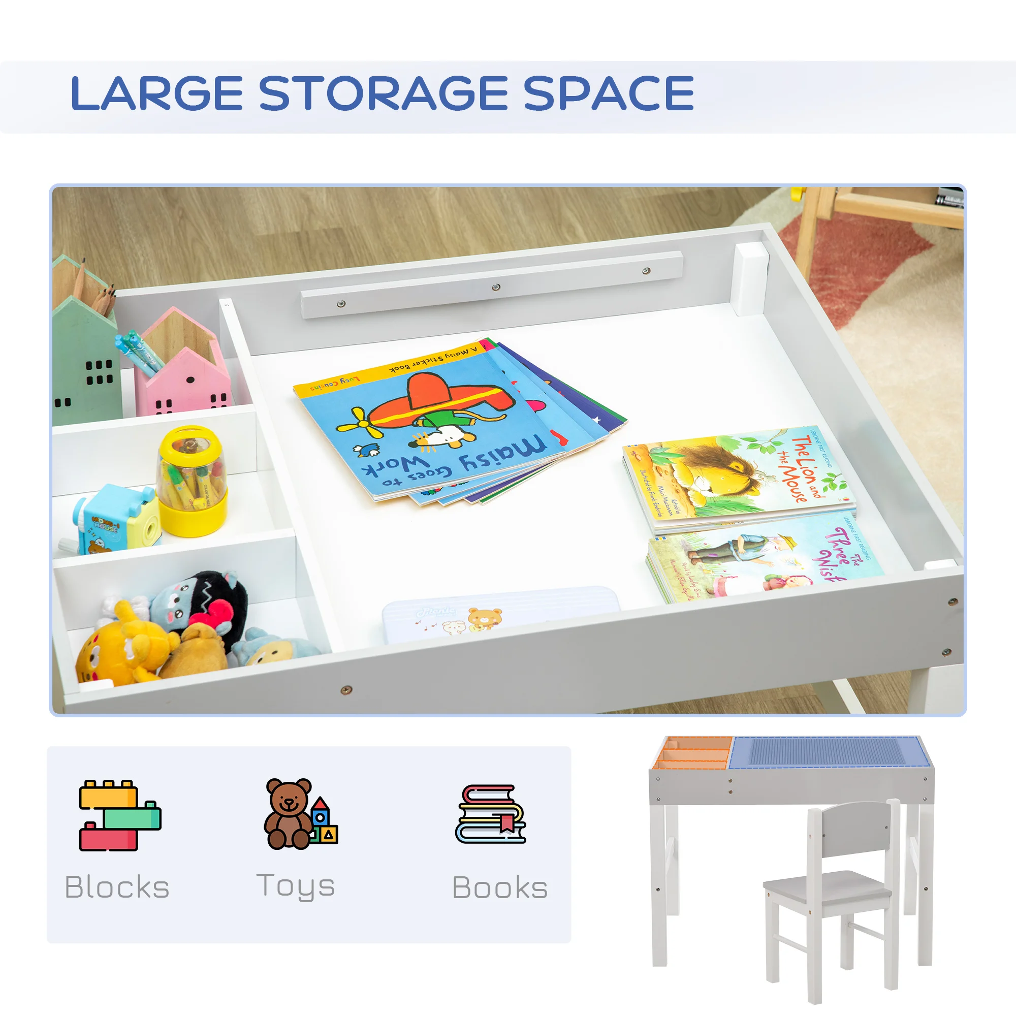 Kids Table and Chair Set with Building Blocks Desktop, Storage Spaces, Grey 5
