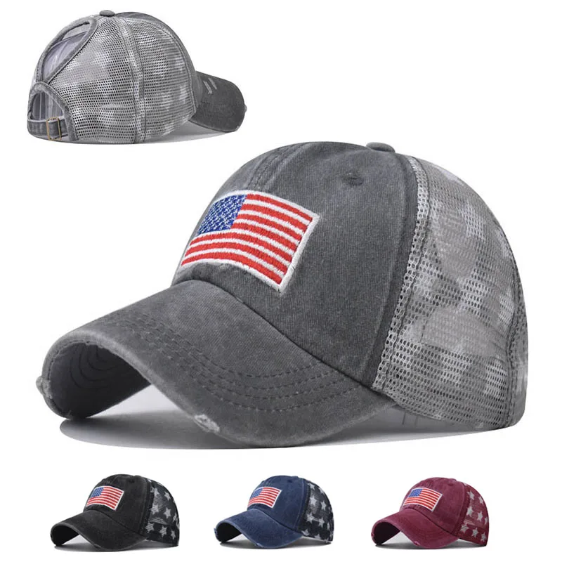 

New Summer Washed Baseball Cap Breathable Wicking Mesh Ponytail Hat Embroidery American flag Visor Ventilation Mesh Caps
