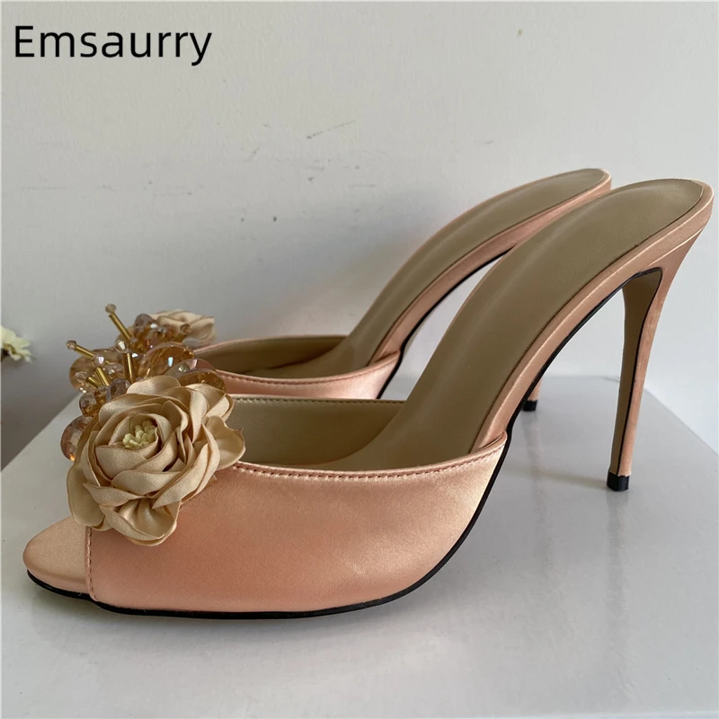 

Crystal Beads Handmade Rose Flower Sandals Women Luxury Satin 10cm Stiletto Heel Slingbacks Summer Shoes For Girls