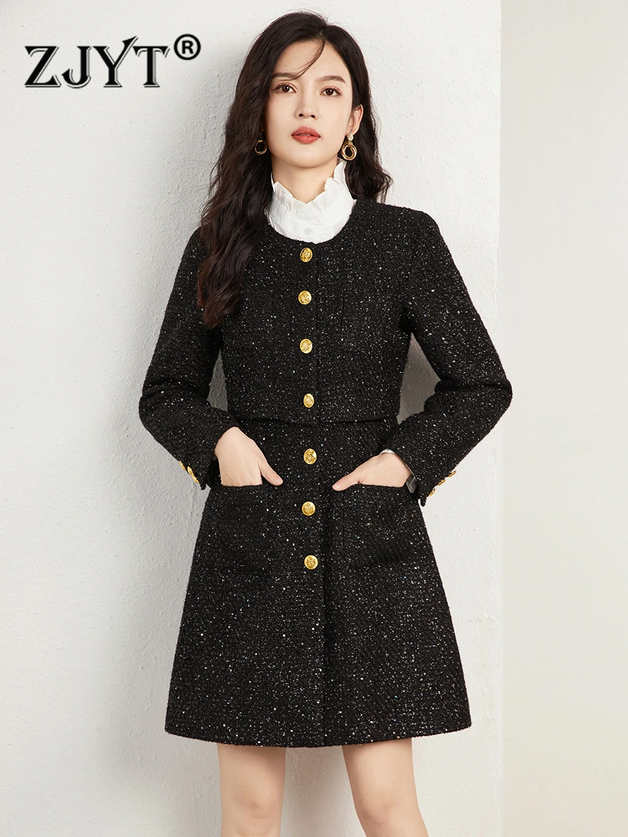 

ZJYT Autumn Winter Black Wool Blends Coat Women Vintage Single Breasted Long Woolen Jackets Elegant Ladies Outerwear Veste Femme