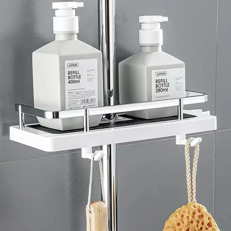 Bathroom Shower Storage Rack Organizer No Drilling Lifting Rod Shower Head Holder Shower Gel Shampoo Tray Holder Pole Shelves 2