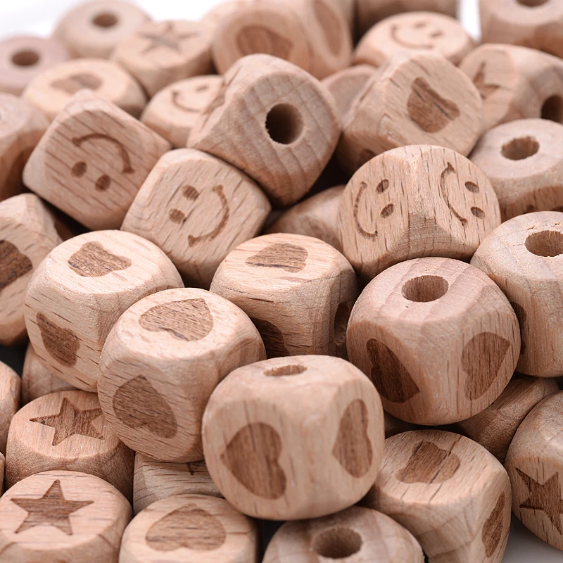 

12mm 50Pcs Beech Wooden Square Beads Printing Five-pointed Star Heart Teether Beads for DIY Pacifier Chain Bracelet Teething