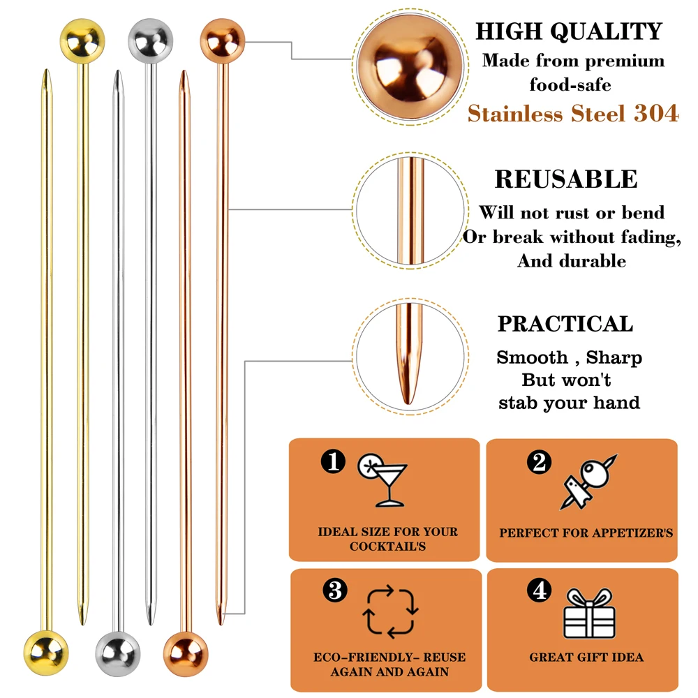 Bâtonnets à Cocktail en Acier Inoxydable, Outils de Bar, Décoration de Boissons, Bâtonnets de Fruits Réutilisables, 12 Pièces