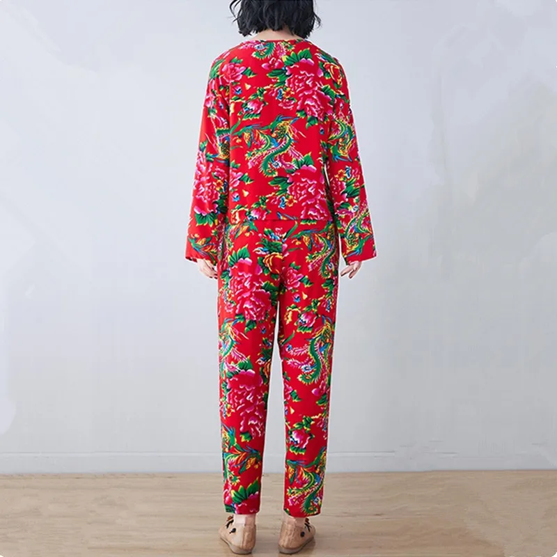 UHYTGF Middle-Aged Womens Spring Summer Suits Pajamas Printed Cotton Silk Home Clothes Female Thin Sleepwear 4XL Loose Size 2374