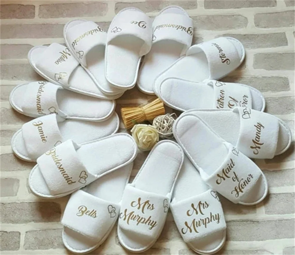 

Personalize Wedding Bridesmaid Bridal Party Bride Slippers Hens Night Bachelorette Spa Slippers Favors Gifts