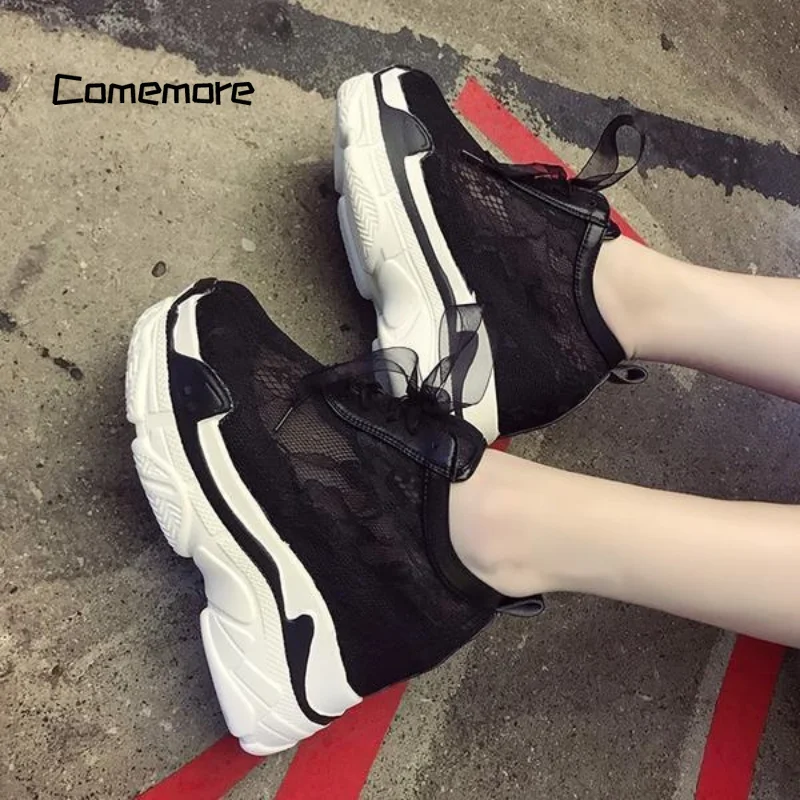 Comemore Elegant White Women Casual Shoes High Heels Wedges Outdoor Shoes Breathable Shoes Woman 12cm New Mesh Platform Sneakers