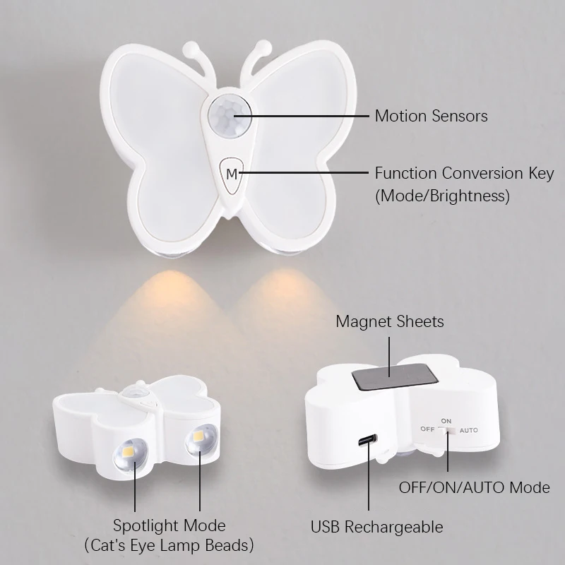 Butterfly Motion Sensor Night Light LED Under Cabinet Lights Rechargeable Lamp for Closet Wardrobe Stair Bedroom Kitchen Decor