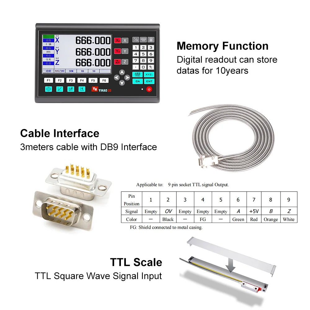 YH800-3 YH800-2 빅 LCD Dro 디지털 판독 키트 세트 5U 5V TTL 선형 스케일 선형 광학 눈금자 100 200 300 500 600 800 1000