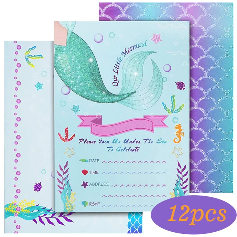 12Pcs Wedding Party Princess Party Invitation Birthday Holiday Paper Greeting Card Rainbow Unicorn Mermaid Invitation Card