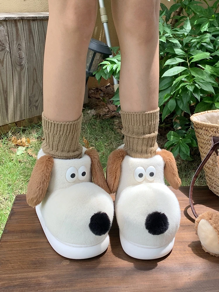Winter Thick Warm Cute Dog Snow Boots For Men And Women Parent-child Home Slippers Couple Plush Cotton Household Boots Shoes