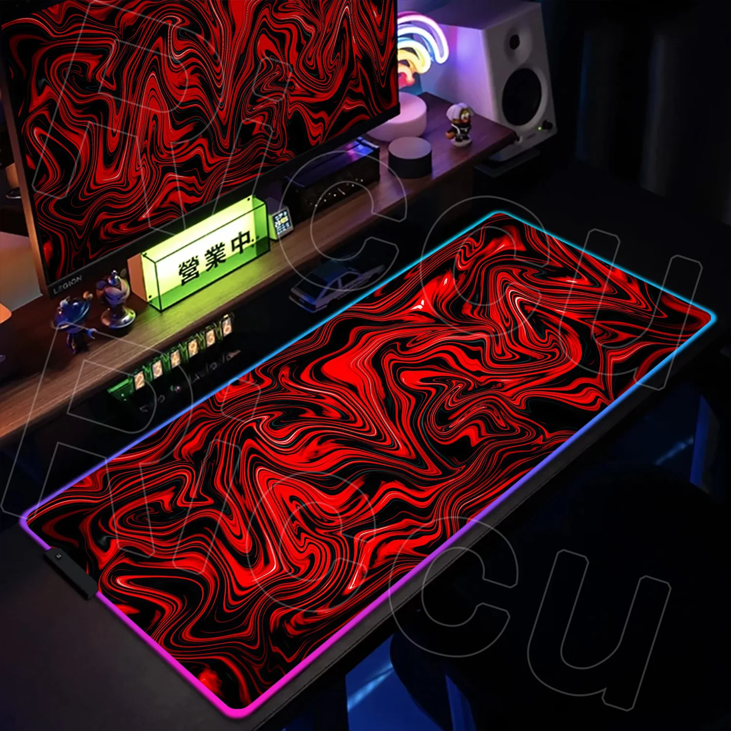 Enhanced RGB XXL Black and White Strata LED Desk Mat - Oversized Liquid Fluid Mousepad