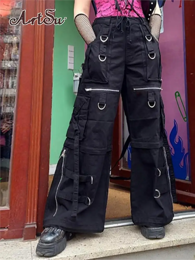 

ArtsuGothicPunk Harajuku Wide Leg Y2k Cargo Pants Mall Gothic Grunge Patchwork Low Raise Jeans Techwear Strap Trousers