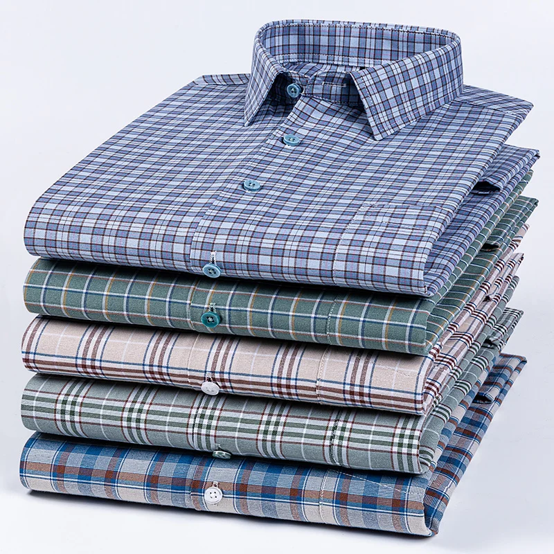 Men's Plus Size Long-Sleeve 100% Cotton Slim Fit Formal Shirt - Soft Plaid and Striped Design