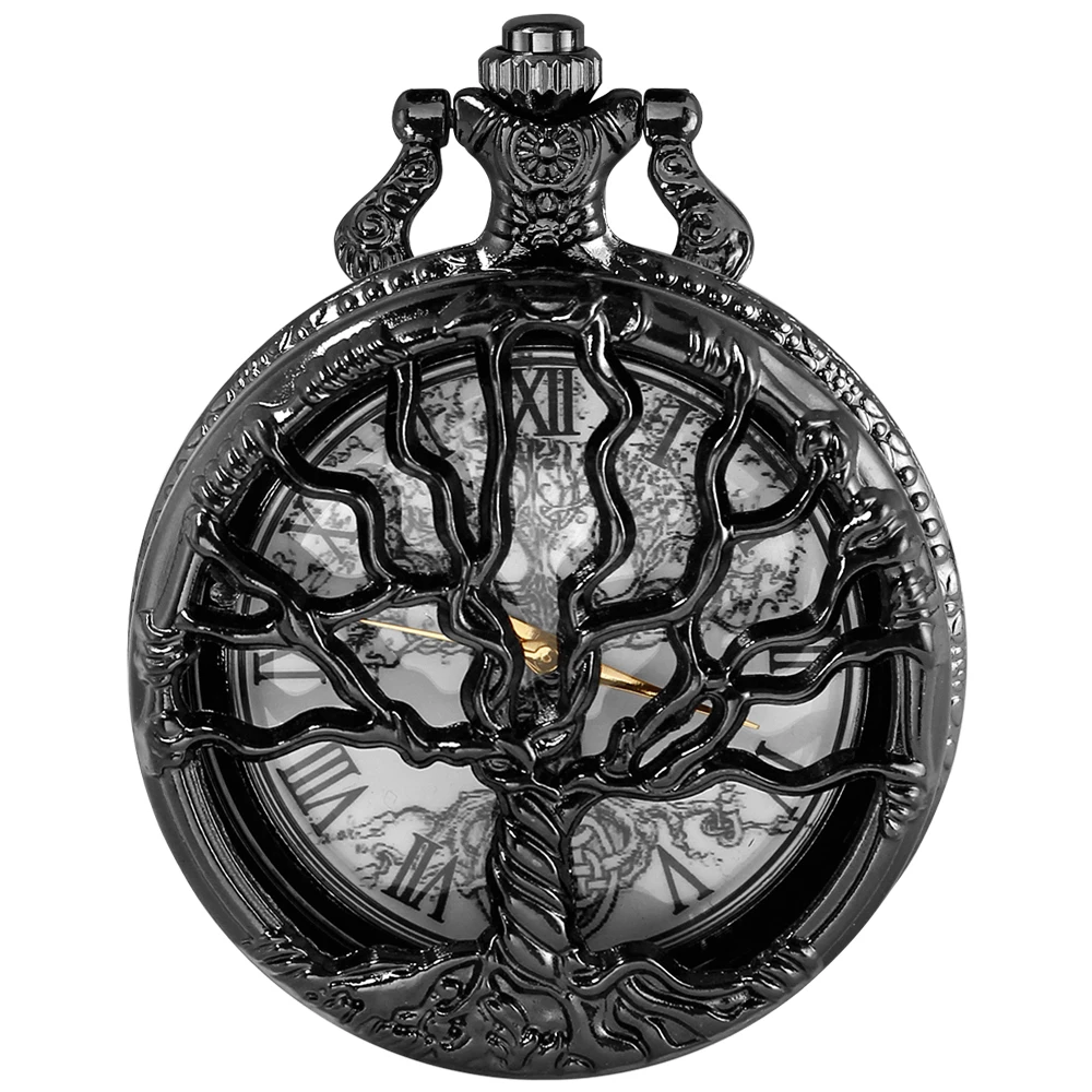 Arbre de vie motif croquis encre peinture cadran montre de poche tout noir Vintage collier chaîne Quartz fob horloge reloj