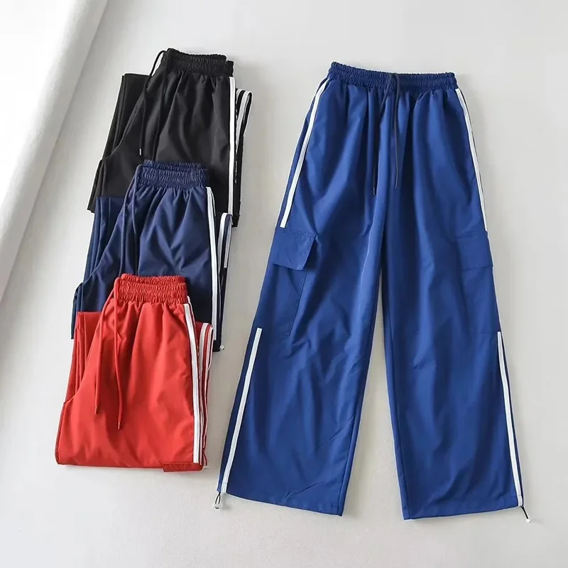 Women Striped Training Tracksuit Set With Double Zip Jacket And Drawstring Cuff Straight Leg Pockets Detail