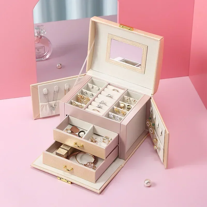 

Earrings Necklace Leather Casket Organizer Large Boxes PU Ring Storage Drawer Box Jewelry Case Girls Jewellery