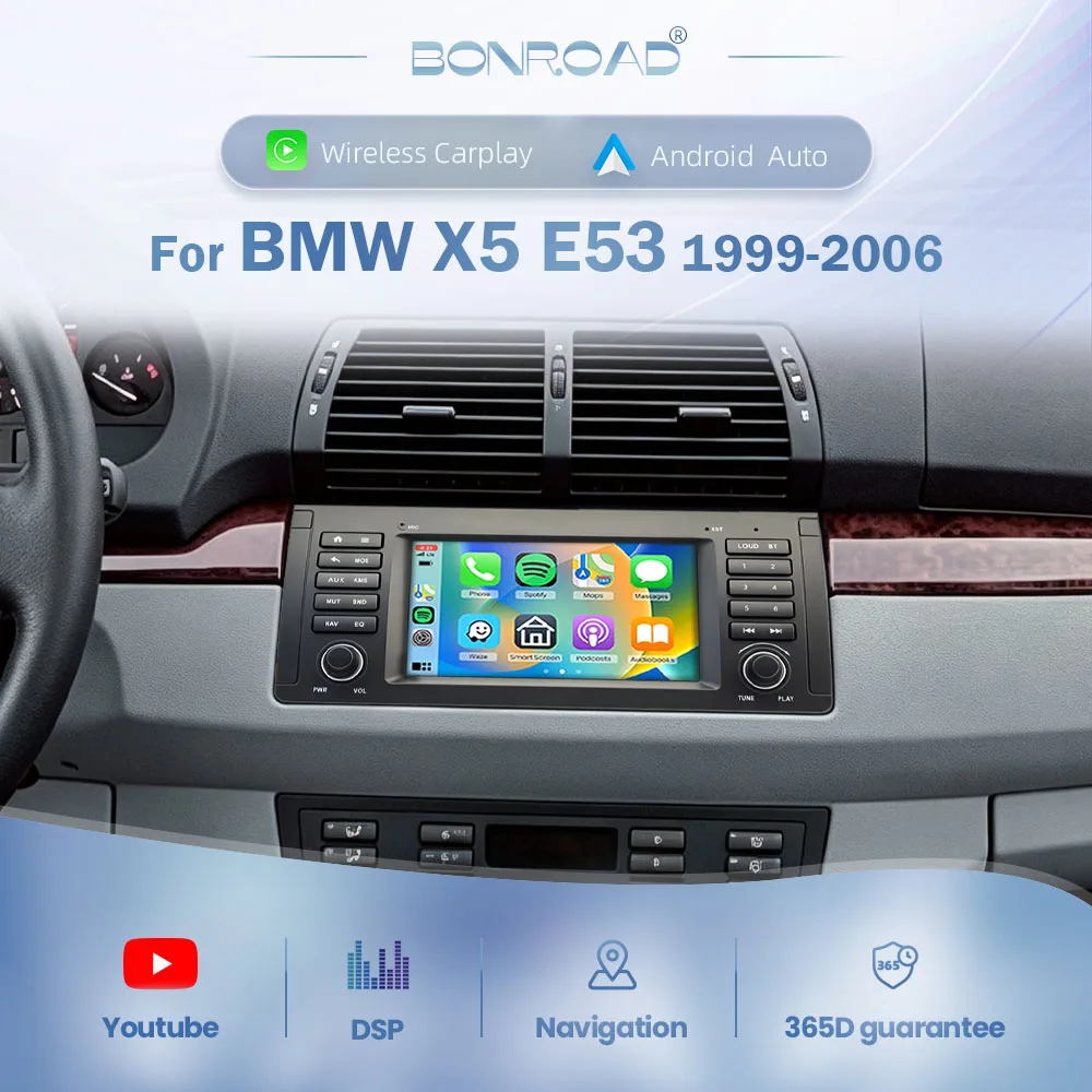 BONROAD Radio de coche de 7 pulgadas para BMW X5 E53 1999-2007, reproductor Multimedia de vídeo para coche, Apple Carplay inalámbrico, Android, RDS, DSP, navegación GPS, pantalla táctil Linux 1