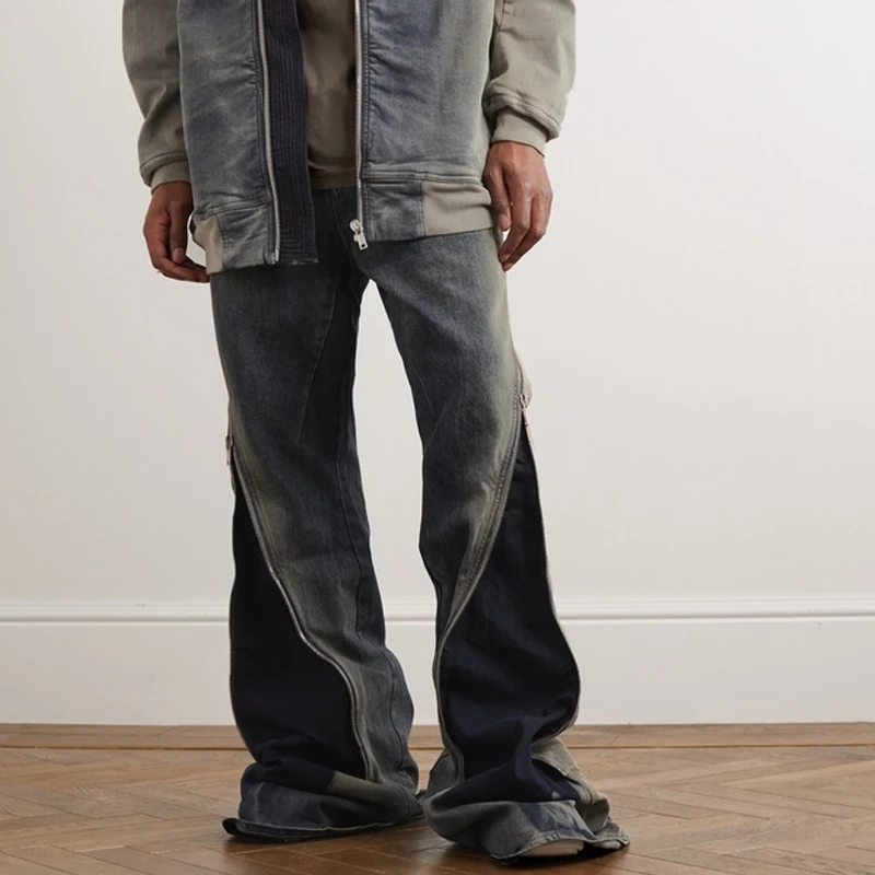 

RO Spiral Large Zipper Floor Mop Flared Jeans Men's High Street Gradient Washed Jeans Pants Hip Hop Painting Straight Trousers