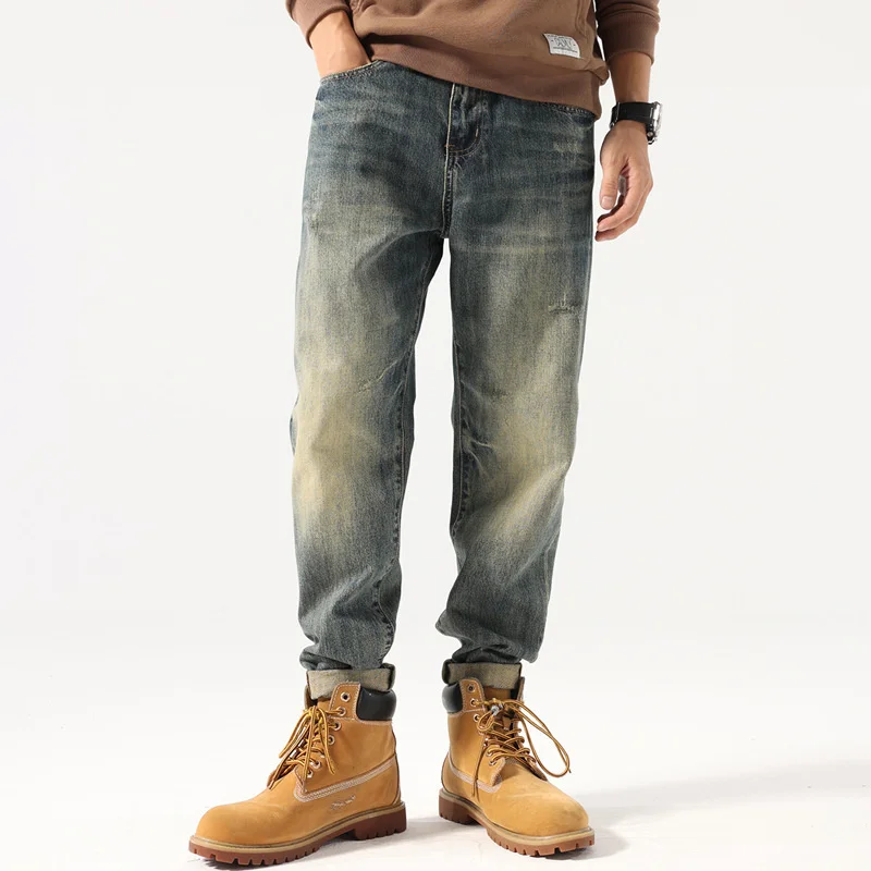 

American Vintage Jeans Men Autumn Winter Heavy Washed Denim Pants Casual Straight Mid-waist Pure Cotton Trousers