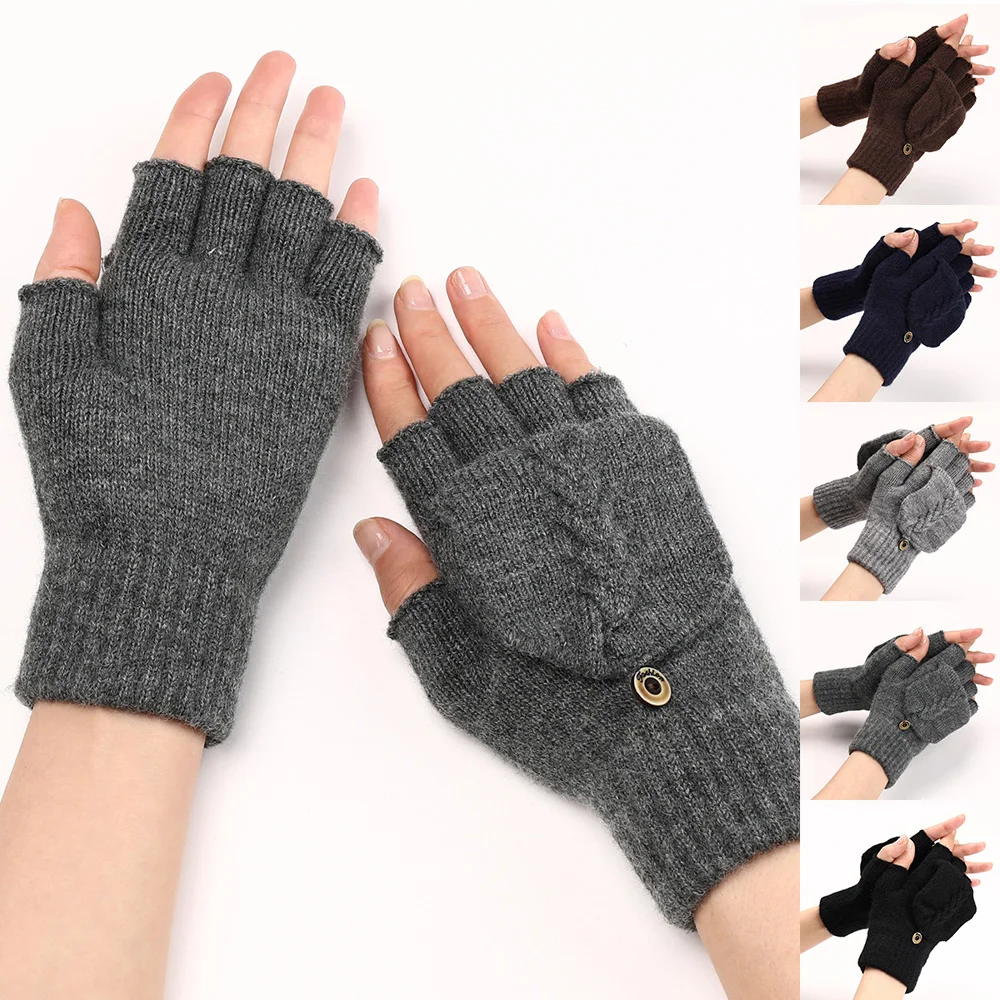 

Knitted Thick Half Finger Flip Gloves Women Men Winter Outdoor Warm Wool Driving Fingerless Glove Touch Screen Mittens Warmer