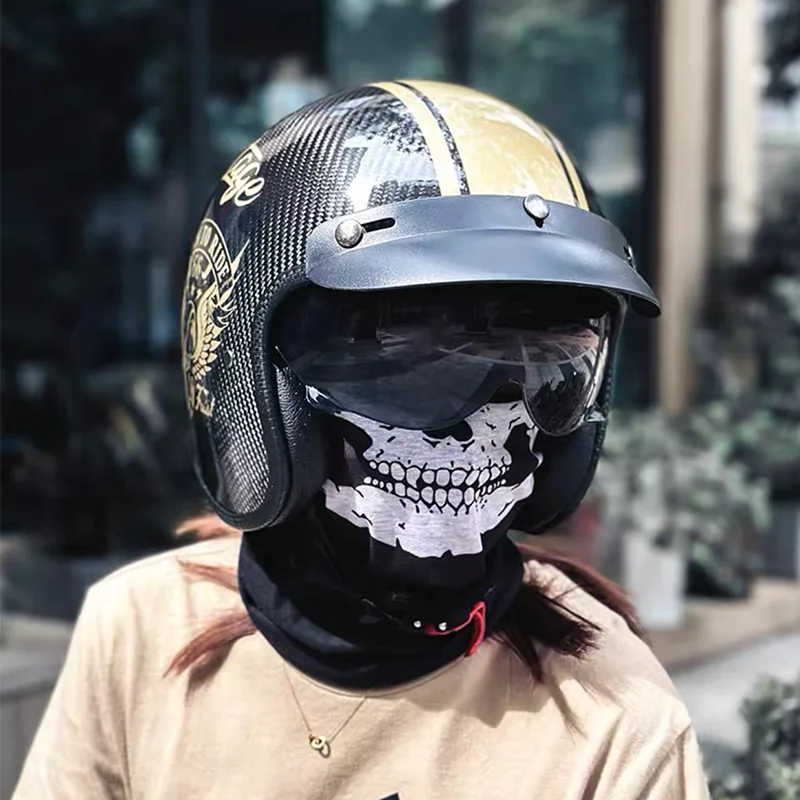 DOT Skull Pattern Carbon Fiber 3/4 Motorcycle Scooter Jet Open