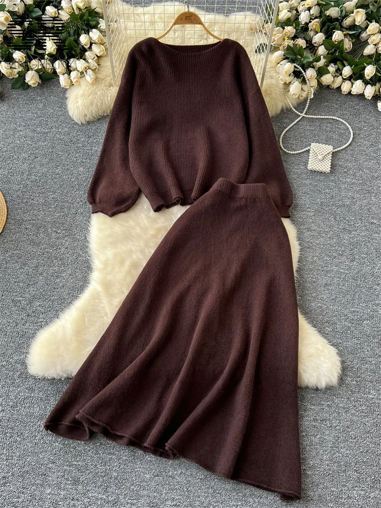 Women Two Piece Sets 2pcs Suits Women Autumn Winter Loose Sweater+Elastic Waist Skirt Ladies Basics Knitting Two Pieces Sets