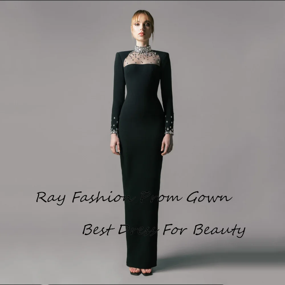 

Romantic Straight Cocktail Dress Satin Illusion High Neck With Long Sleeves Pretty Crystal Ankle Knee Length Robe De Soirée