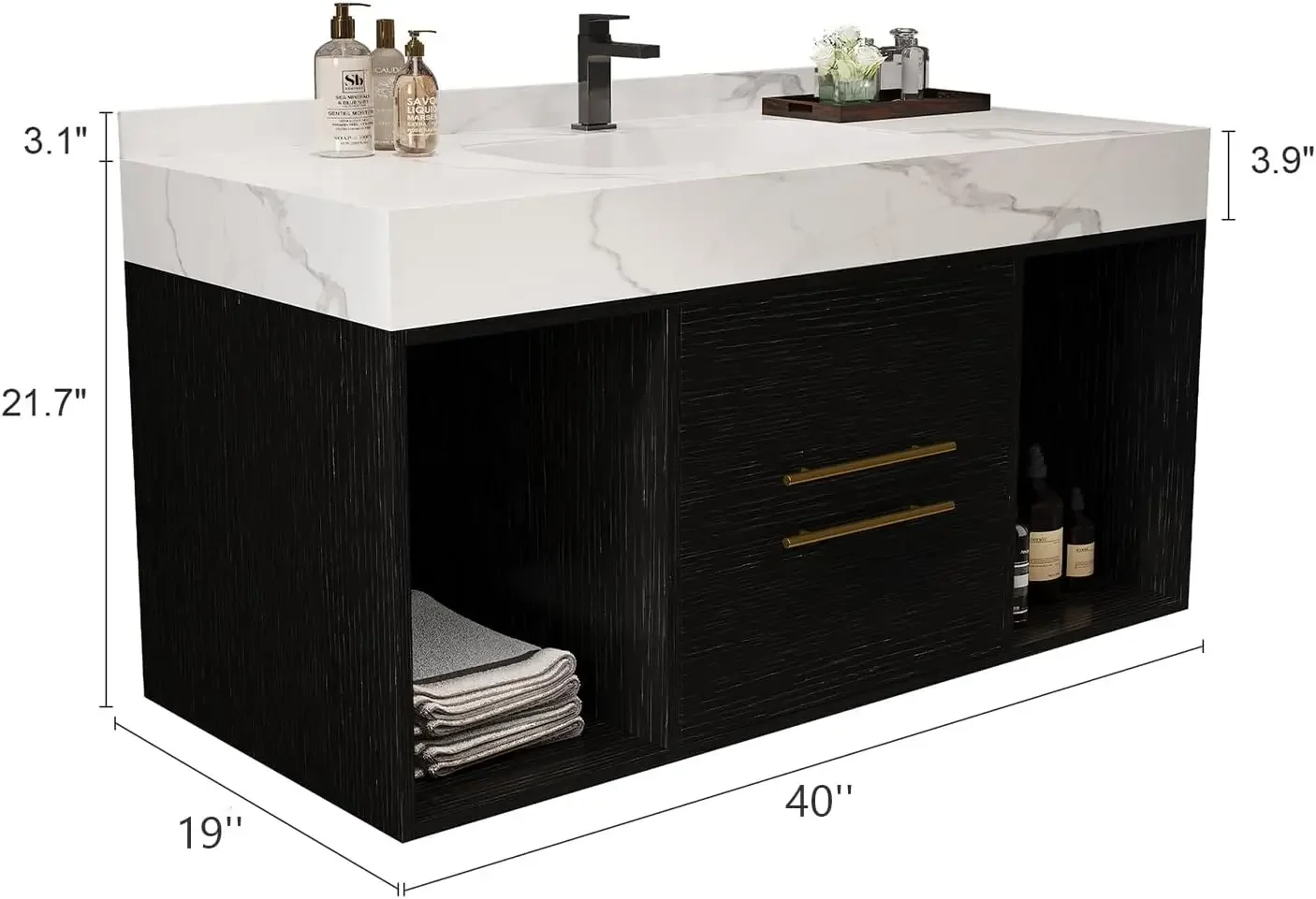 40 Inch Modern Wall Mounted Bathroom Vanity with Ceramic Sink. Quick Assembly Solid Wood Floating Bathroom Vanity Cabinet 2