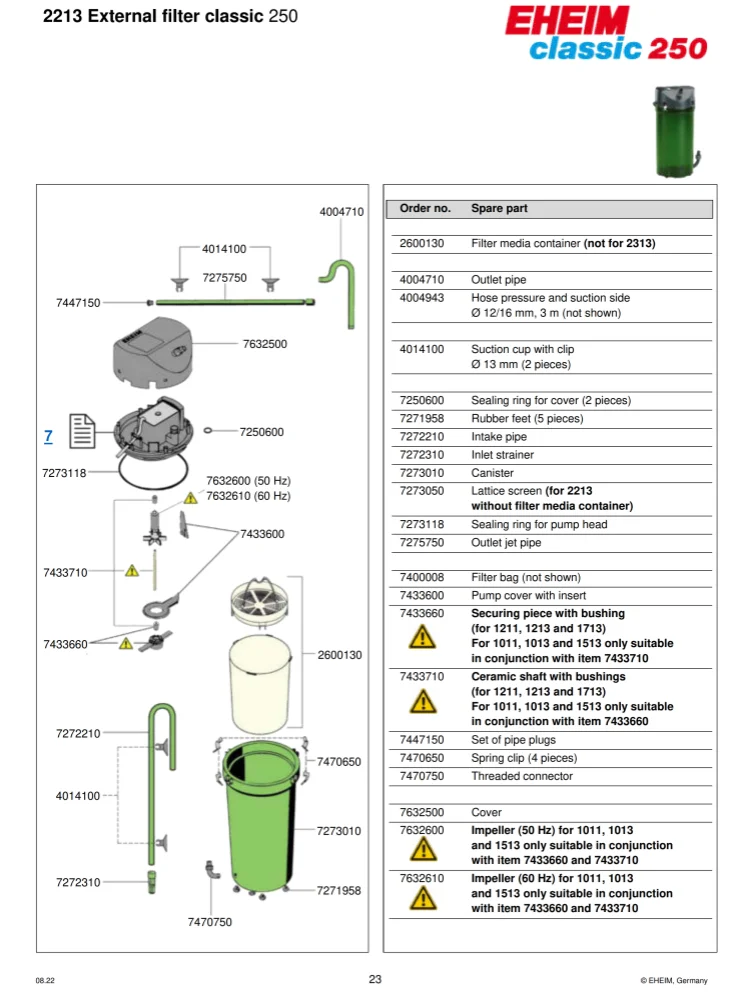 EHEIM 2213 External filter classic 250 spart parts
