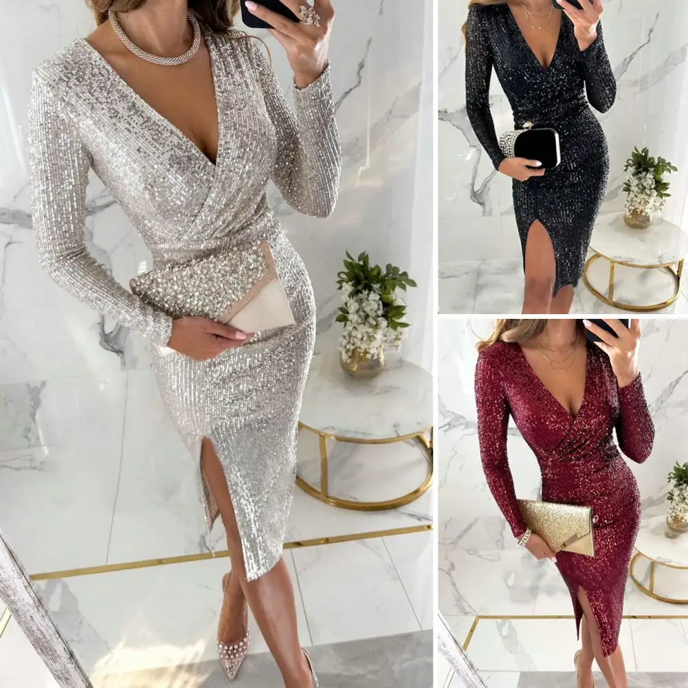 

Women V-neck Dress Sparkling Sequin V Neck Sheath Dress for Women Slim Fit High Waist Party Prom Midi Dress with Long Sleeve
