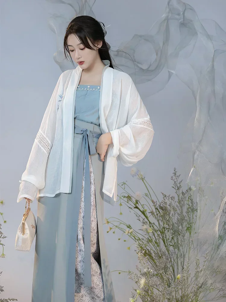 

3 Pc Set Daily Wearable Commuter Song Dynasty Sling Robe Pearl Improved Spiral Skirt Aircraft Sleeves Female Summer Blue Hanfu