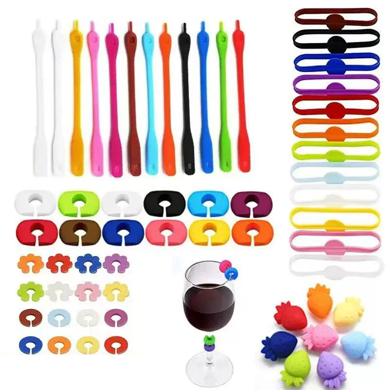 Wine Glass Charms Reusable Silicone Drink Marker Bands Bottle Strip Tag Glass Identifiers for Party Cocktail Champagne