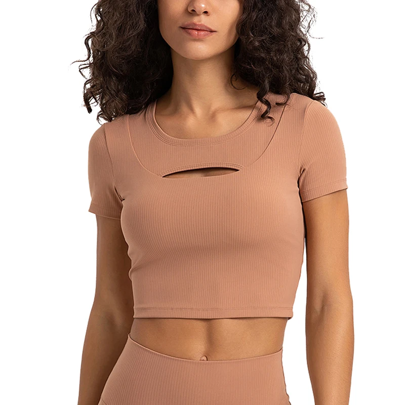 

Women Soft Elastic Quick Dry Lightweight Crop Ribbed Yoga T Shirts with Pads Solid Color Running Fitness Sports Bra