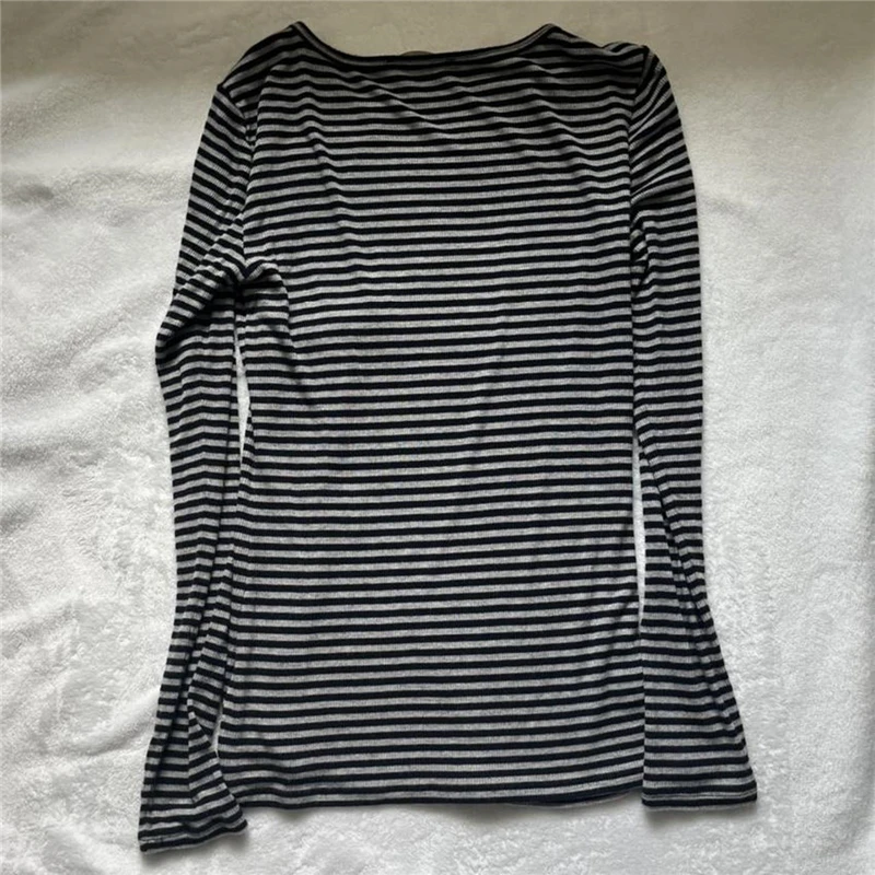 Vintage Aesthetic Striped Top Grunge Fairycore Casual Long Sleeve T Shirt y2k Women Clothes 2000s Tee Autumn Streetwear
